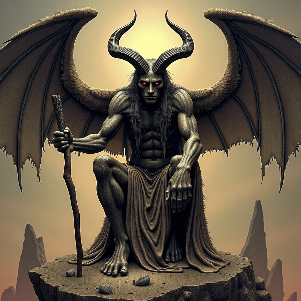 A dark, traditional rendering of the goat-headed Baphomet figure