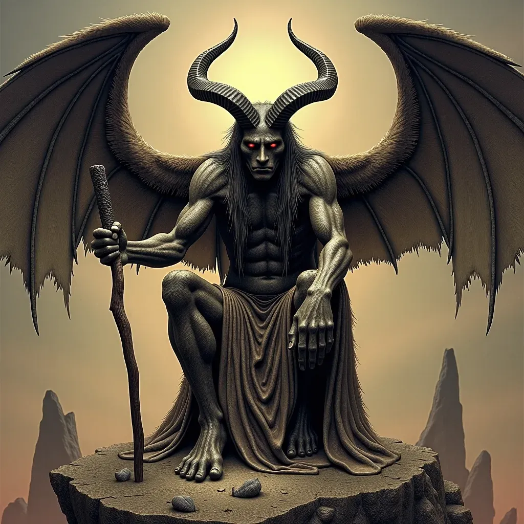 A dark, traditional rendering of the goat-headed Baphomet figure