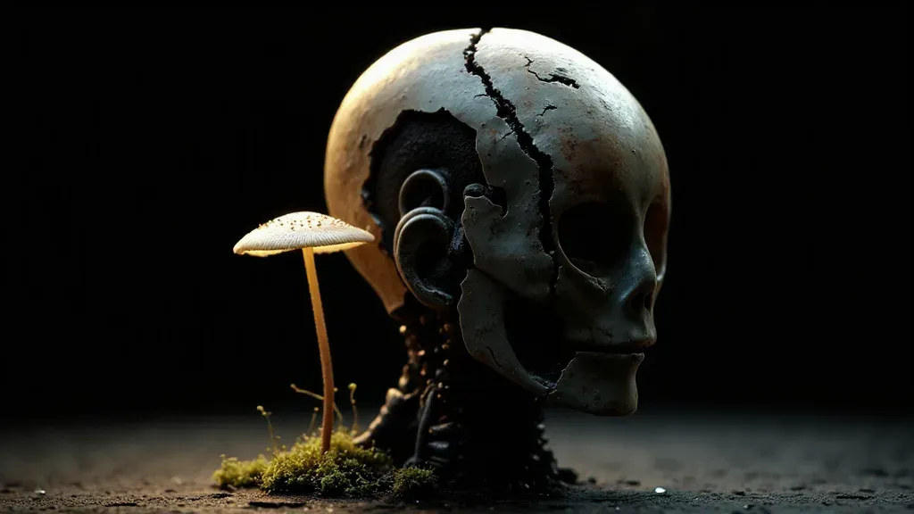 A cracked android skull resting in deep shadow, a small mushroom and a patch of moss growing from the dark ground beside it