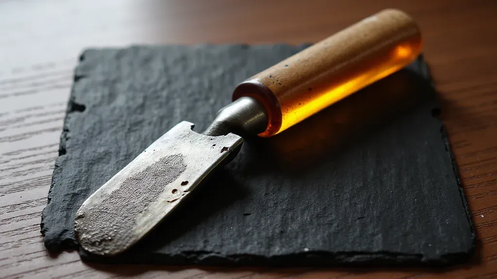 A worn antique tool on black slate, its wooden handle polished glassy and honey-amber by decades of one hand's grip
