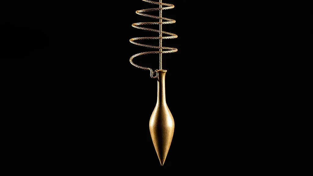 A brass plumb bob hanging from a corkscrew-twisted cord against a black field, the weight hanging straight and still