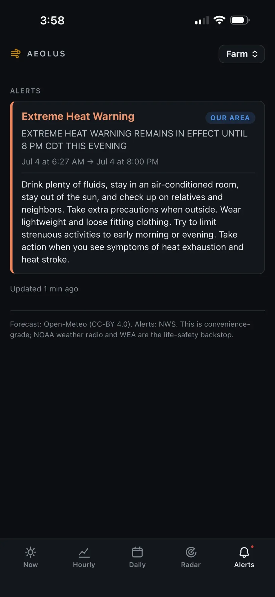 The alert detail view: the active warning, its window, and the plain-language instructions, flagged as affecting our area.
