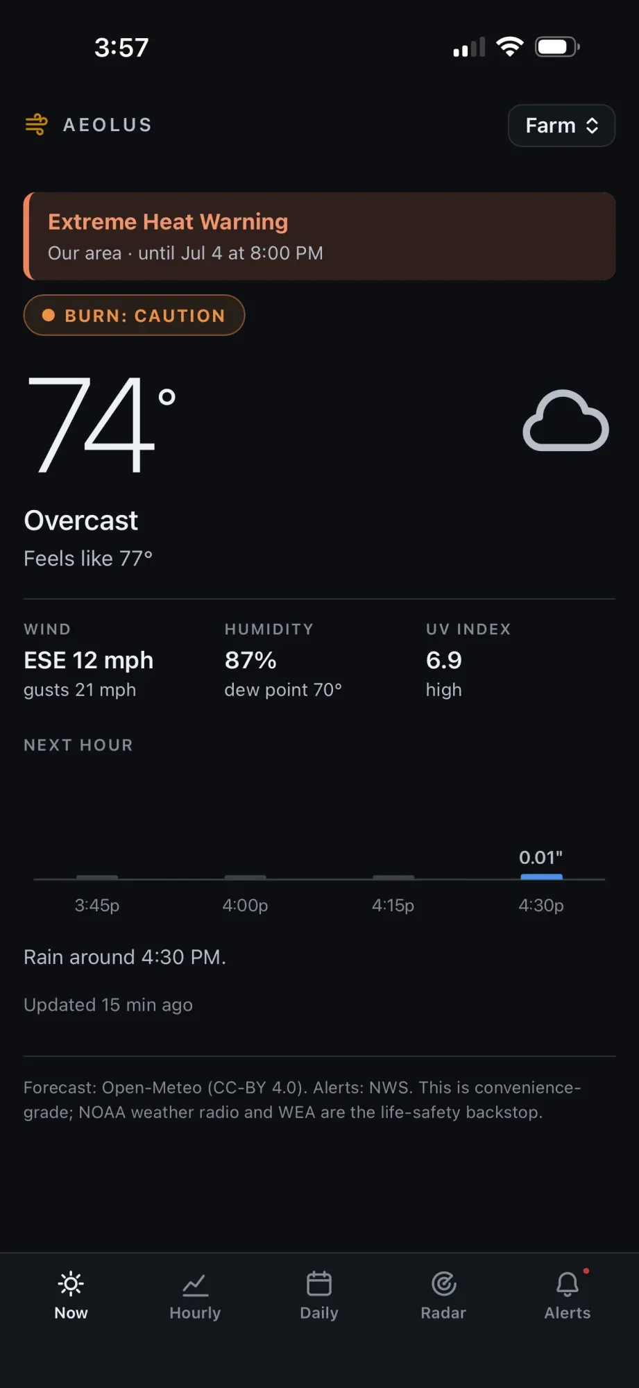 The NOW view: current conditions, an active heat warning, the burn chip, and the next hour of rain in 15-minute steps.