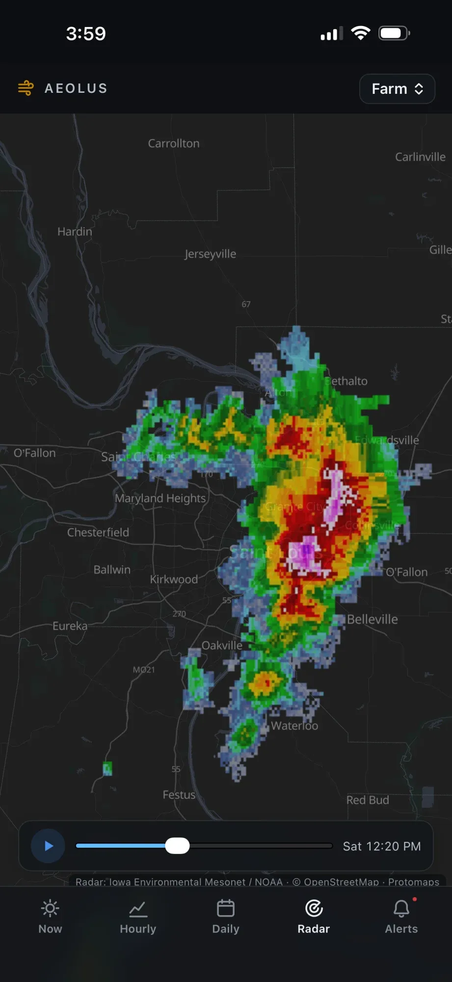 Animated radar over a self-hosted map, showing a storm cell hundreds of miles away.