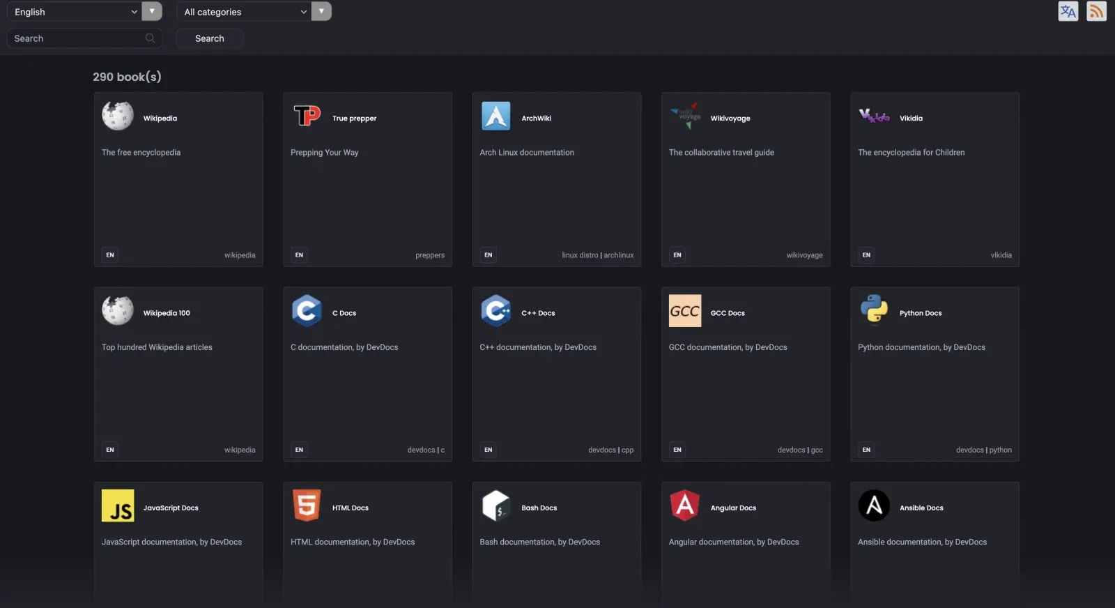 The Kiwix library rendered in dark mode, a dark grid of book tiles across 290 sources