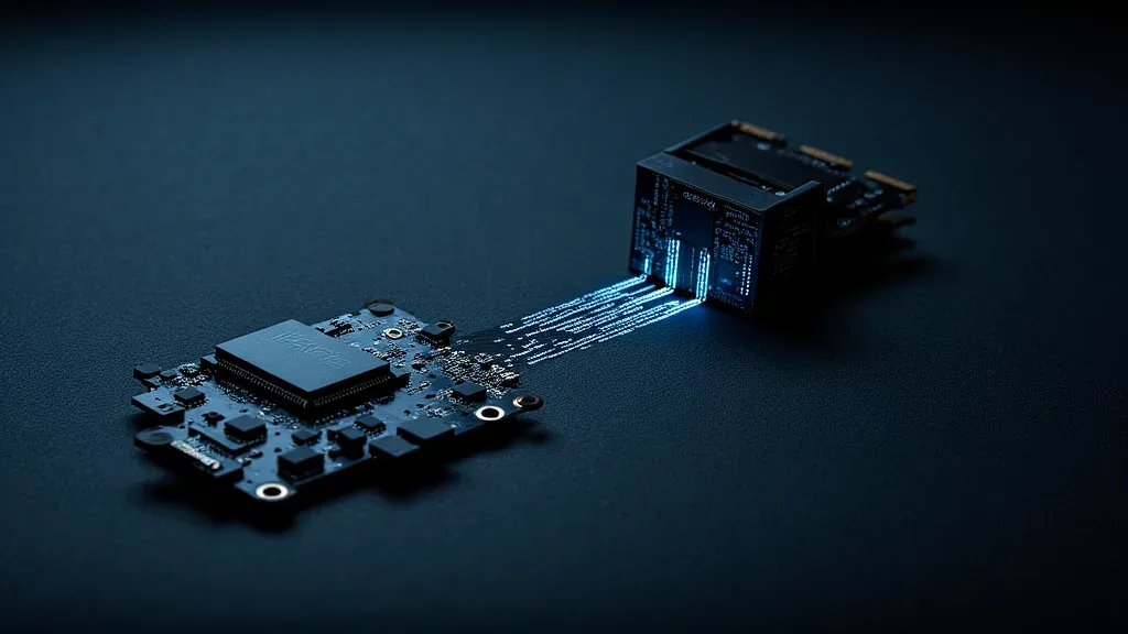 Macro of a small circuit board and an NVMe drive on dark slate, light streaming between them