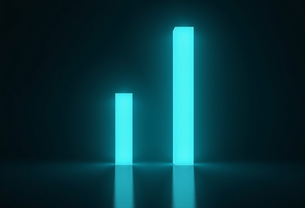 Two glowing vertical bars of dramatically different height on a dark reflective floor