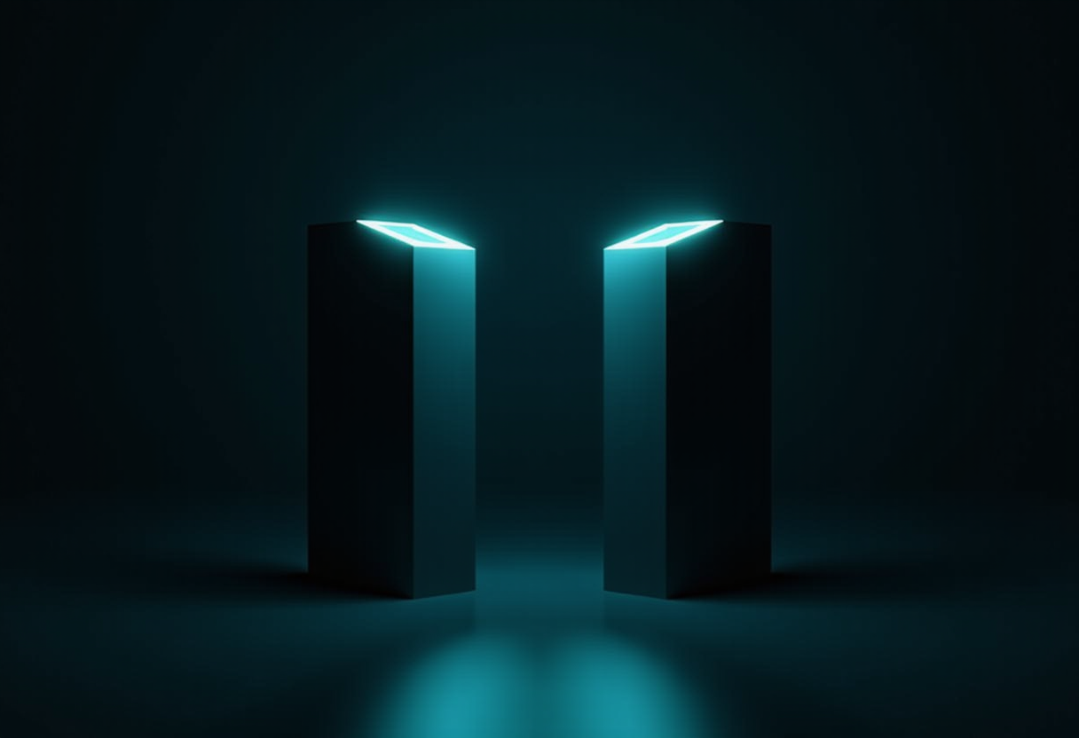 Two identical luminous monoliths standing at exactly equal height on a dark reflective floor