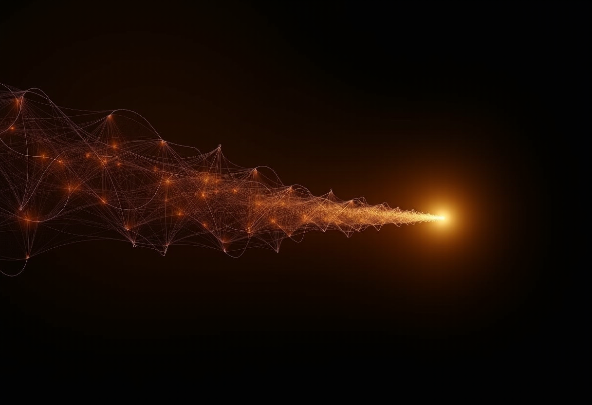 A dense tangle of glowing amber reasoning threads narrowing to a single small point of output, illustrating heavy deliberation for a small answer