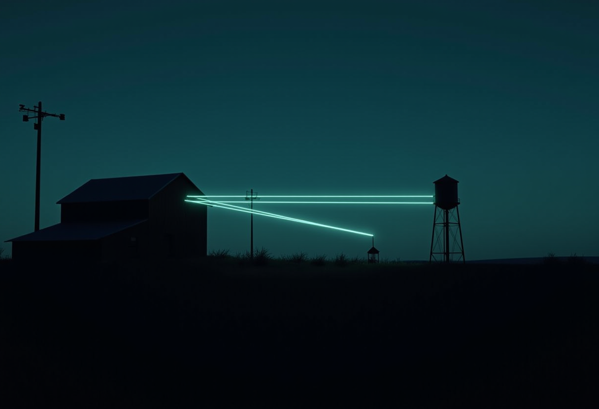 A dark farmstead at dusk, a barn and a water tower in silhouette, with thin glowing lines of telemetry running between them