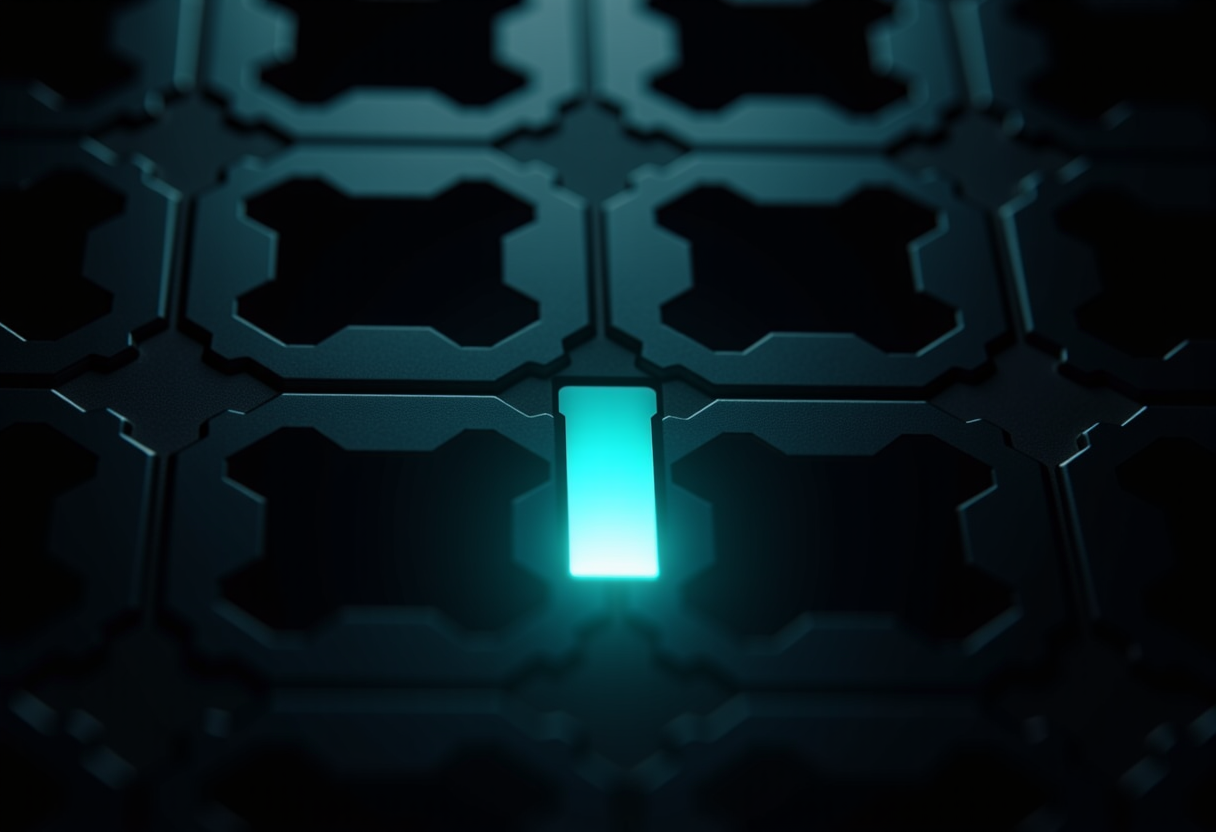 An interlocking lattice of dark plates with a single empty slot, one machined piece glowing cyan as it drops in to fill the gap exactly