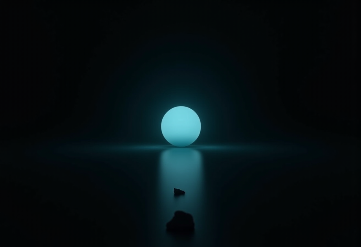 A small dark shape in the foreground and a large distant glowing sphere above a reflective plane, separated by empty black space