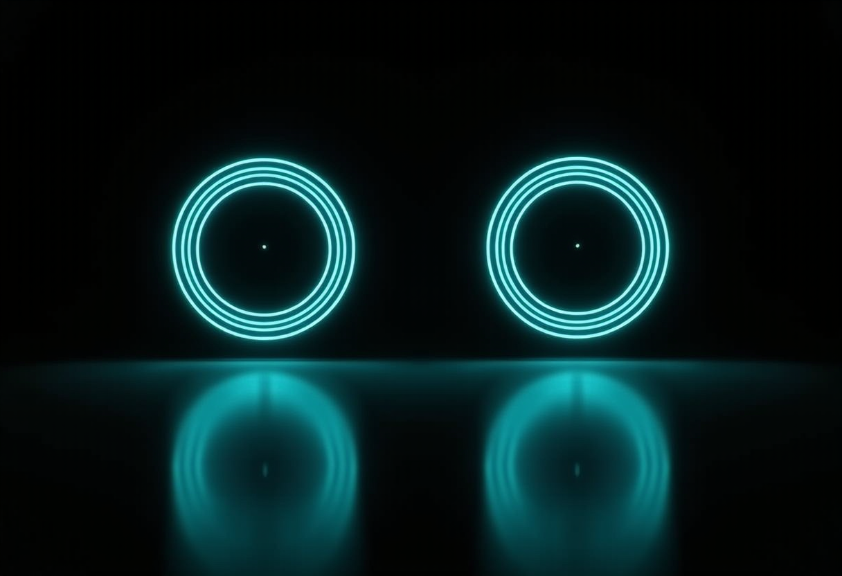 Two matched concentric-ring emblems in perfect mirror symmetry on a dark reflective floor