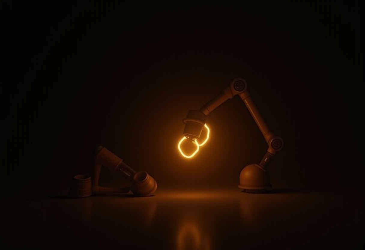 A glowing amber robotic arm reaching to grab at empty space while a dormant tool rests ignored nearby, illustrating a model that reaches for a tool when none is warranted