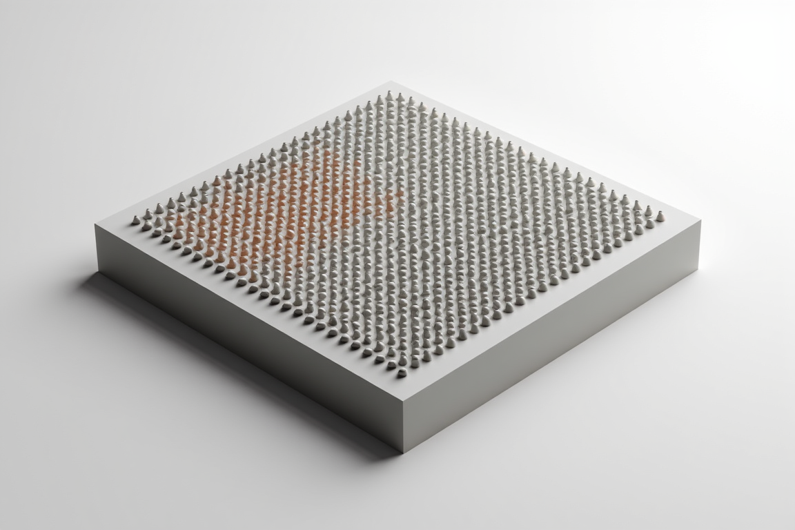 A weight matrix made physical: mostly quiet gray cells with a few learned amber ones.