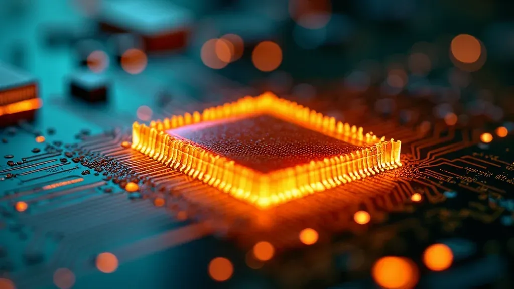 Extreme macro of a glowing hot processor die on a teal circuit board, amber incandescence
