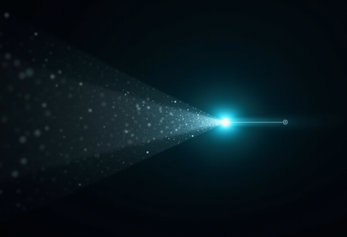 A wide scattered cloud of dim points resolving into a single tight bright point