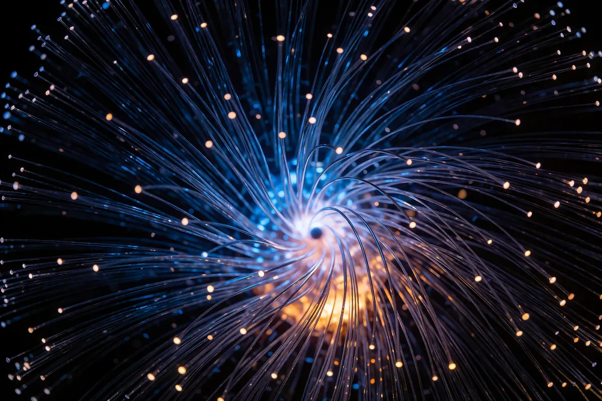 A dense burst of glowing blue and amber fibers converging into a bright luminous core against black