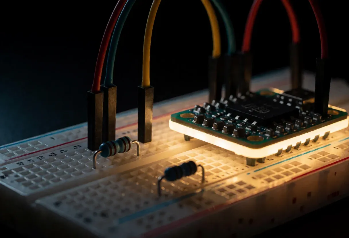 A microcontroller on a breadboard with jumper wires and resistors, the read-only voltage-divider tap