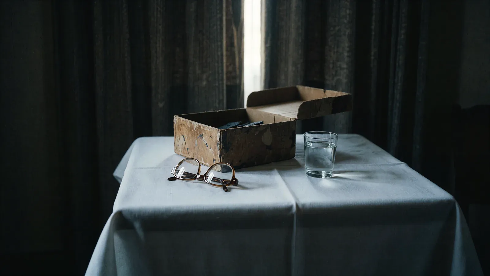 A cardboard box of dark papyrus fragments on a linen-covered hotel table in Geneva, a blade of daylight falling across it