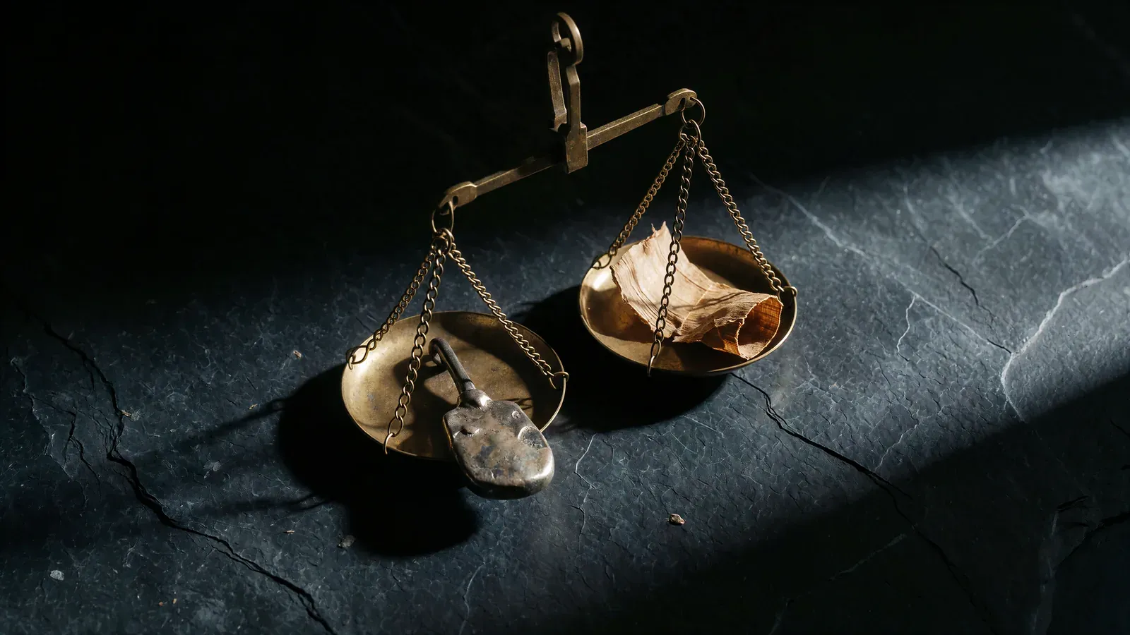 A brass balance scale holding a single tarnished silver shekel in one pan and a curl of dark papyrus in the other