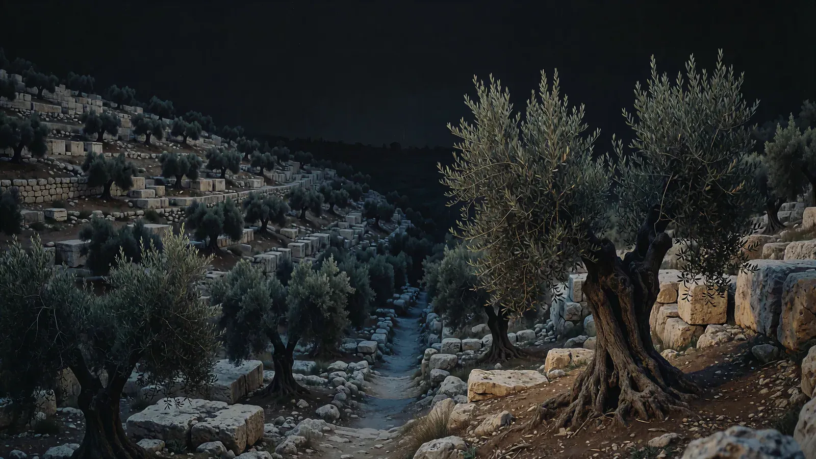 The Kidron valley below Jerusalem at night, terraces of olive trees silvered by a full Passover moon