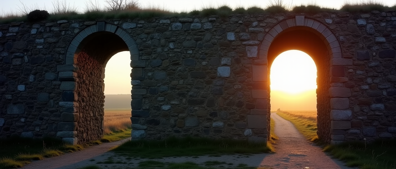 Wide photograph of an old fieldstone wall holding two arched doorways at dusk, the left arch dark and shadowed while low golden sunset light floods through the right arch onto a dirt path