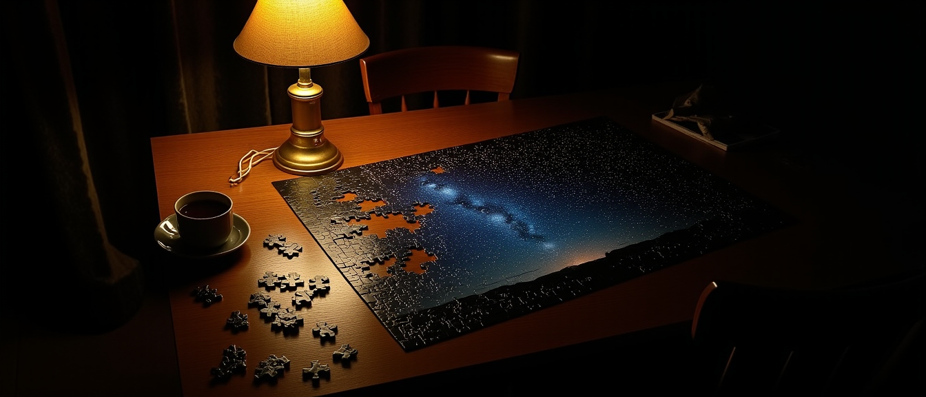 Night photograph of a starry sky jigsaw puzzle on a wooden table, mostly assembled but left with a ragged unfinished gap and scattered loose pieces, lit by a single warm brass lamp beside a cup of tea