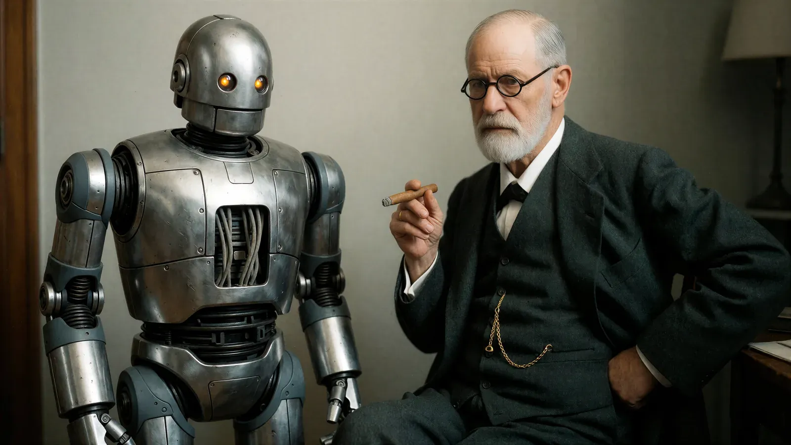 The android crosses the threshold into the consulting room, Freud seated behind with a cigar.