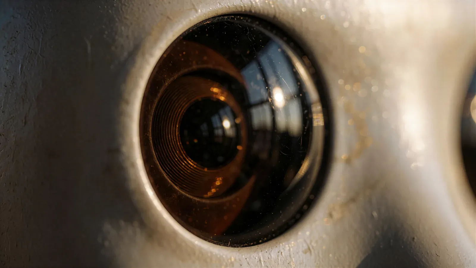 Extreme macro of one amber eye lens, the consulting room reflected in the glass.