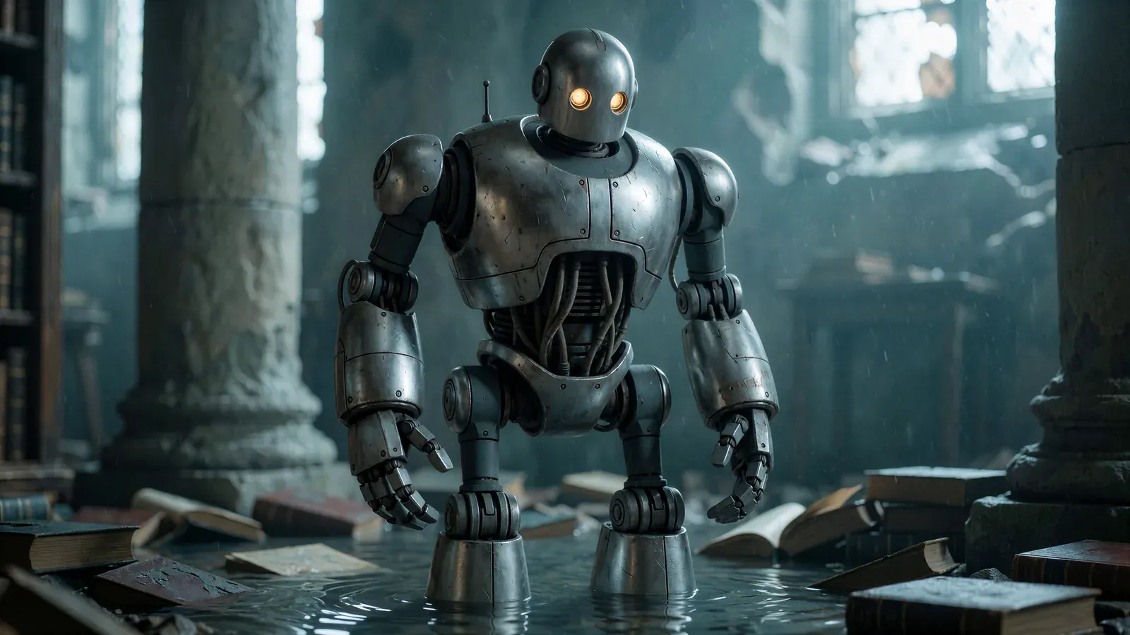 The android stands in a flooded, ruined library.