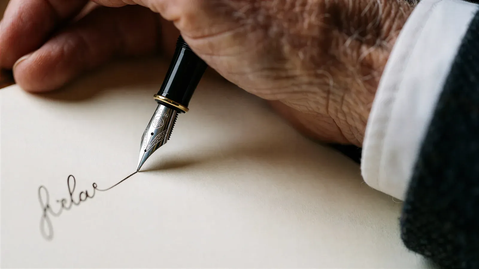 A hand guides a fountain pen nib across cream paper, ink still wet.