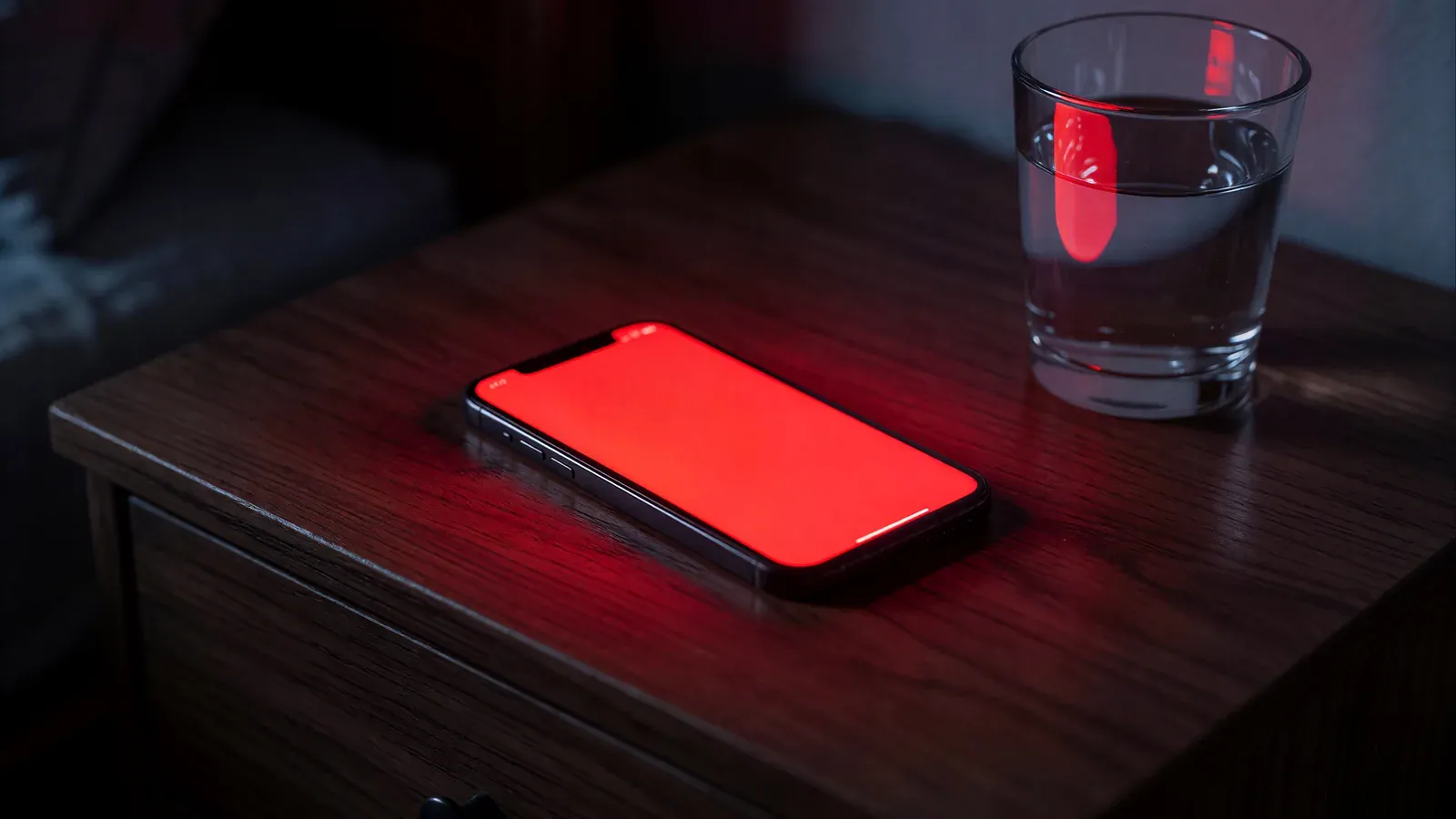 A smartphone face up on a dark nightstand, its screen glowing solid red