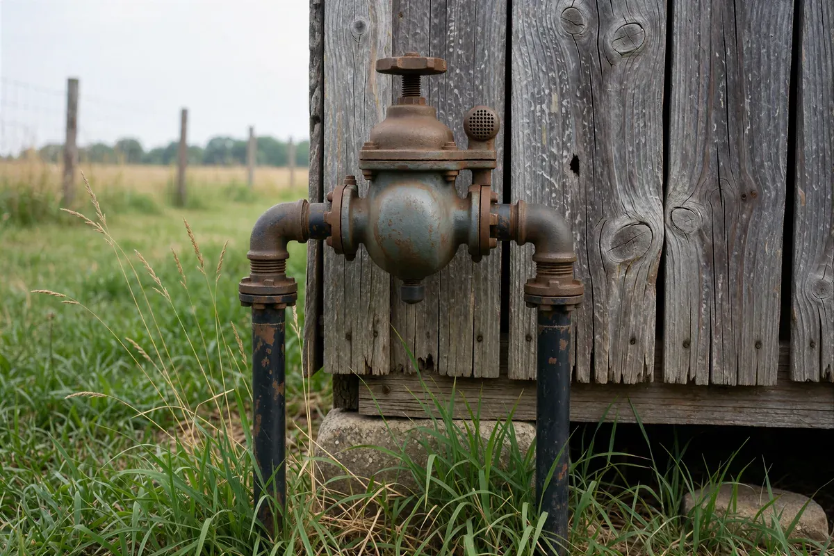 An old cast iron gas service regulator with a round diaphragm housing on a black iron pipe beside a weathered wooden shed wall
