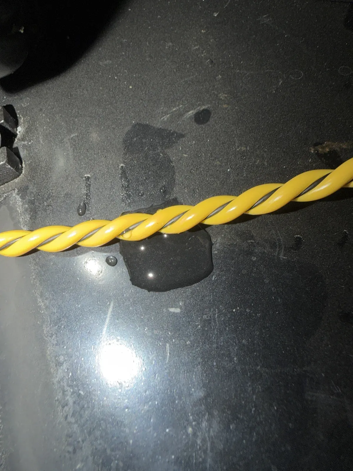 A close-up of the sensor's rope lying across a small puddle during the water test