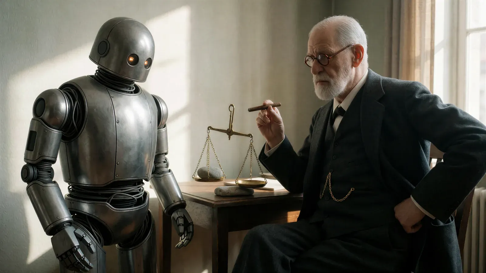 Freud and the android at a small table, a brass balance scale between them, one pan loaded with a stone.