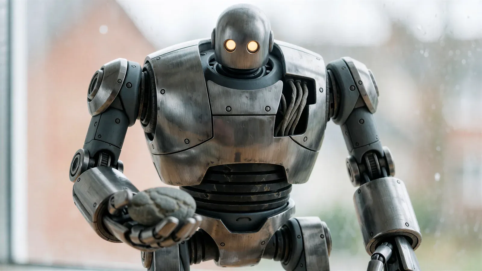 The android cradles a smooth river stone in a scarred steel hand.