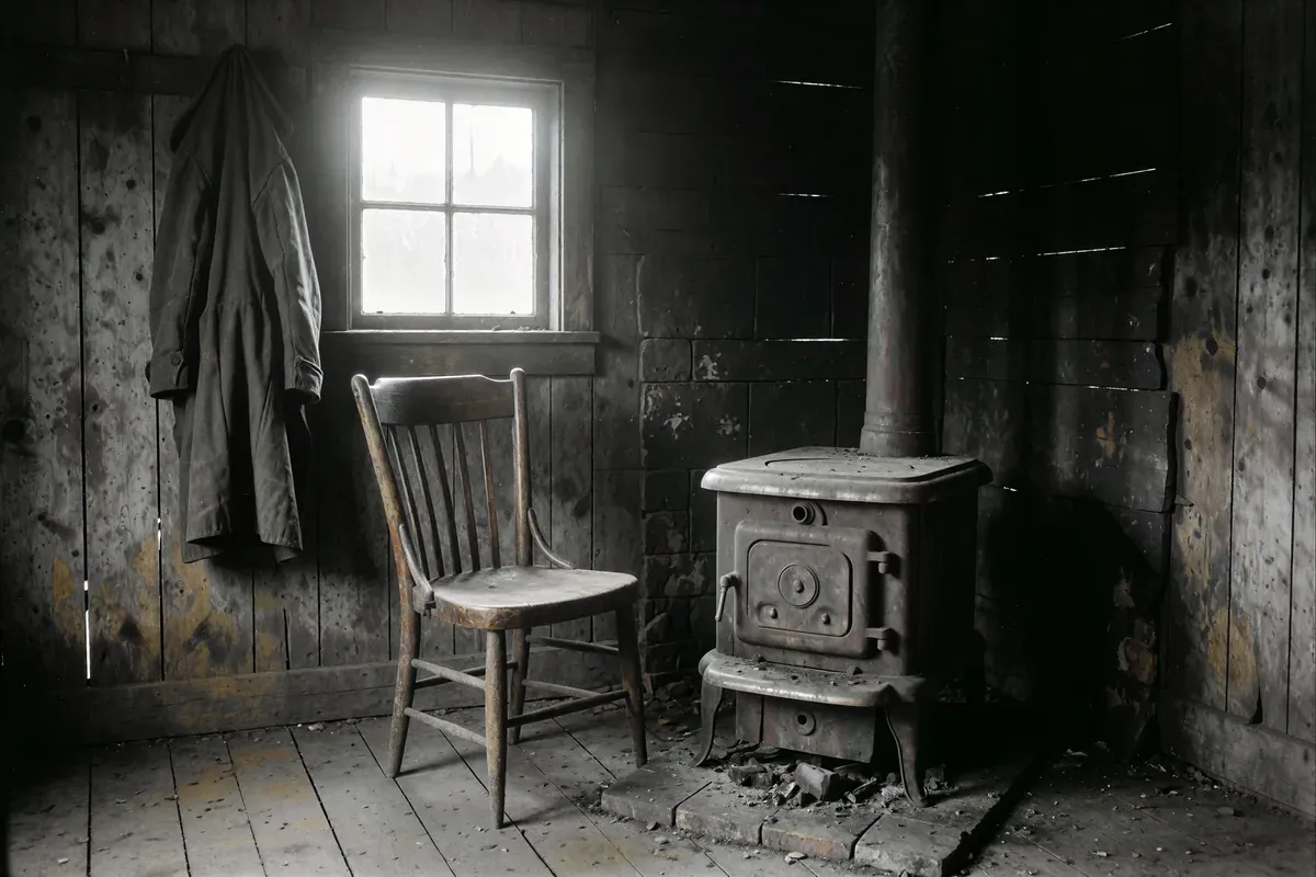 An empty coal camp cabin with a coat on a nail, a wooden chair, and a cold stove