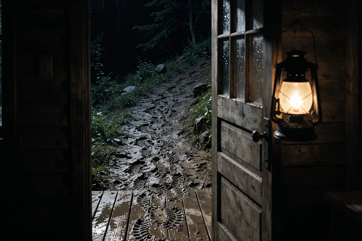 An open cabin door at night, lantern light falling on a muddy path crowded with boot prints