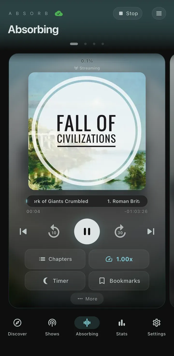 The Absorb player streaming an episode of Fall of Civilizations, with chapter, speed, sleep timer and bookmark controls