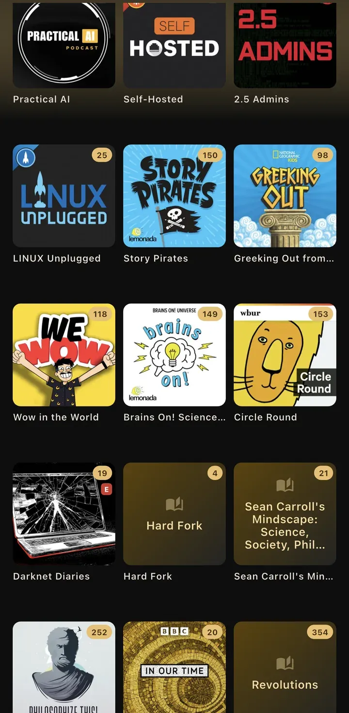 The Podcasts library in the Absorb app, a grid of show covers with episode counts, one show marked with an E badge