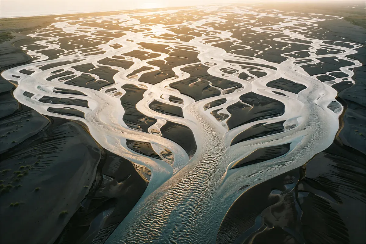 A braided river delta seen from above at dawn, many channels narrowing into one bright channel