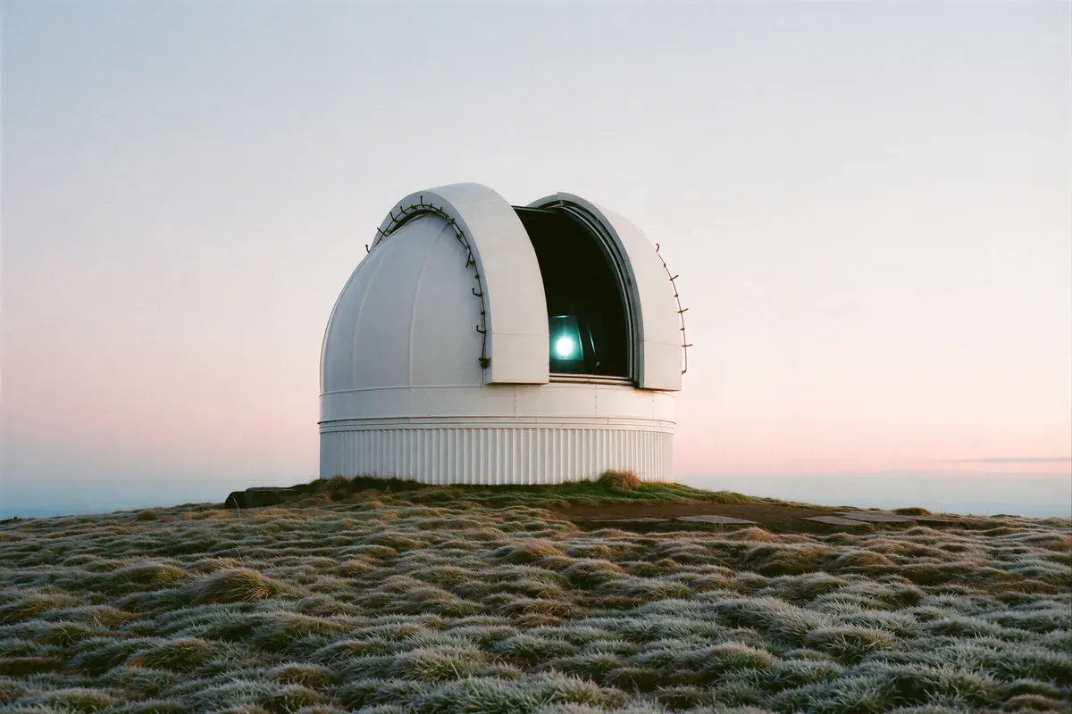 An observatory dome on a mountain ridge with its slit open at first light, the telescope pointing at a pale sky