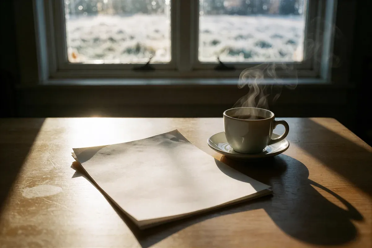 A folded sheet of paper and a cup of coffee on a wooden table by a window at first light
