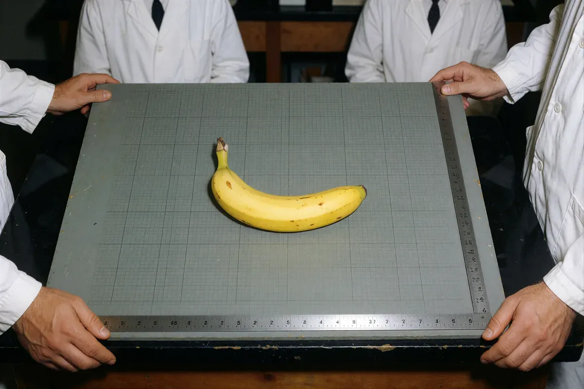 Four technicians in white lab coats hold a grey gridded specimen board bearing a single yellow banana and a steel ruler