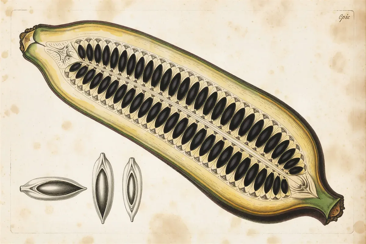 Engraved cross-section of a wild seeded banana showing rows of hard black seeds, with loose seeds drawn at scale