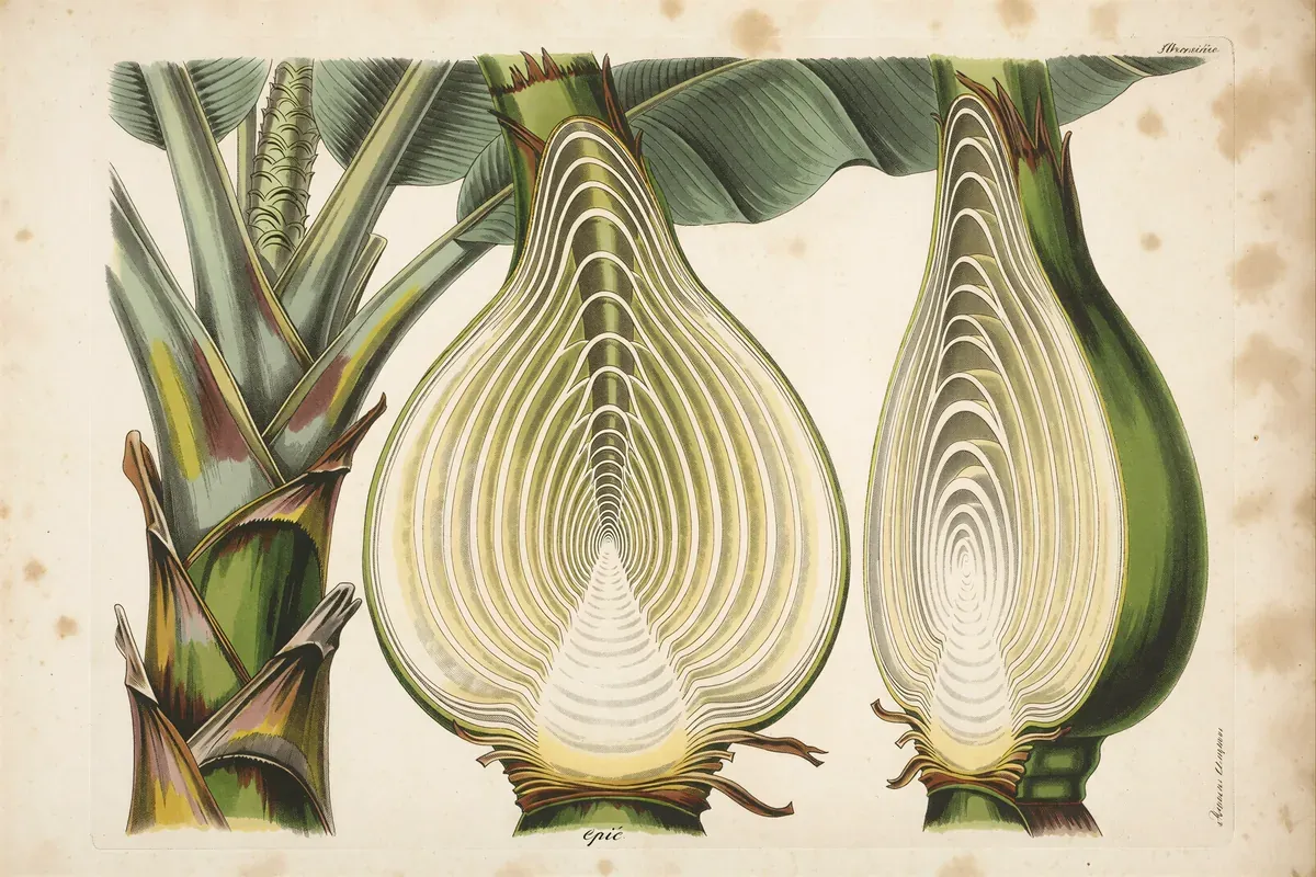Engraved botanical plate of a banana pseudostem cut open to show concentric rolled leaf sheaths