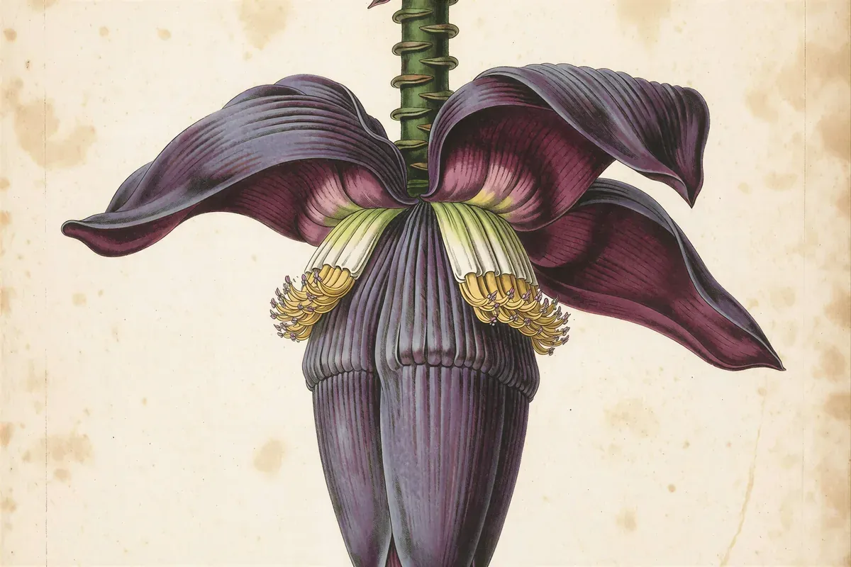 Engraved plate of the hanging purple banana flower bell with bracts peeled back over rows of small yellow flowers