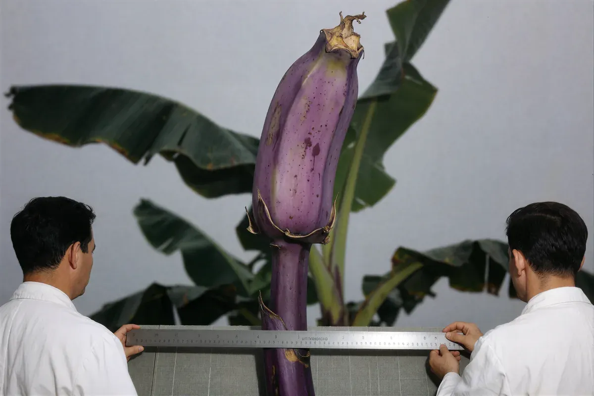 Two technicians in a plantation measure a hanging purple banana heart with a long steel ruler