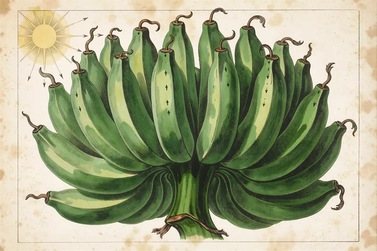 Engraved plate of a green banana bunch with its fingers curving upward, small arrows pointing toward an engraved sun